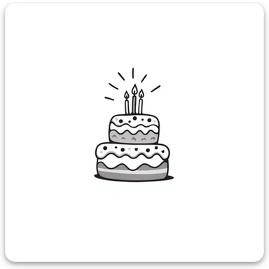 A decorated birthday cake with layers and frosting in pastel colors (dd9fb0, ffc6d3, a3bfc9, c4bee2, f1b091), hand-drawn doodle style sticker