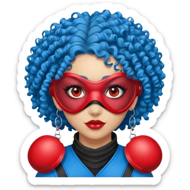 blue curly haired paintball playergirl with huge earrings, wearing red paintball eye mask, sticker
