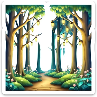 enchanted forest with tall trees, sparkling lights, whimsical atmosphere sticker