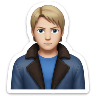 Leon Kennedy from resident evil 4 remake in sheepskin coat and black t-shirt blue eyes clean-shaved sticker