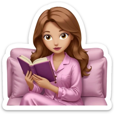 Woman with light tanned skin reading a book on Beige sofa. Long wavy medium brown hair. Beige ivory colour background. Very pale pink silk pyjamas. Realistic. Foxeye with long lashes. Pinky mauve lips. sticker