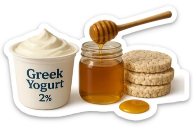 Yogurt Greco 2%
Miele
Gallette di Riso
vista frontale, iperrealistico 4k sticker