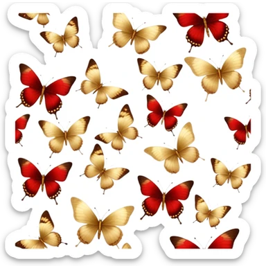 Elegant vintage golden butterflies with red and brown hues on their wings, delicate textures, antique aesthetic, softly faded colors, classic illustration style sticker