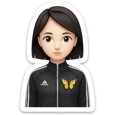 A girl with  medium length, dark hair, fair skin. The style is a butterfly  cut and wore black Adidas track jacket with white stripes on the sleeves. It has a full zipper down the front, a stand-up collar, and the Adidas logo on the right chest emoji sticker