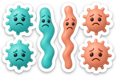 EMOJI STILE IPHONE DI 3 BATTERI INTESTINALI di forme diverse turchesi tristi e 3 batteri intestinali rosa salmone tristi CHE FLUTTUANO IN ARIA IPERREALISTICO 4K sticker