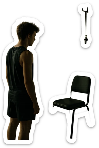 cinematic a person stands alone on a running track or in a fitness studio, glancing toward an empty coach’s chair or whistle hanging on a hook. The absence of the coach is emphasized by a faint, transparent silhouette or shadow where the coach should be. The atmosphere is quiet and a bit disheartened. in italiano sticker