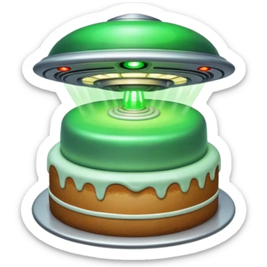 really big ufo flying higher and stealing in a green light very small little cake  sticker