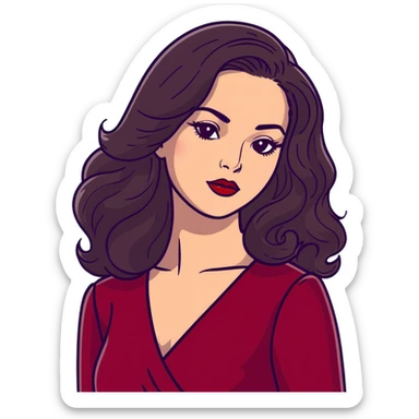 High-profile artistic woman with radiant complexion, long voluminous dark hair with soft waves, large almond eyes with bold eyeliner, defined brows, glamorous red lipstick, wearing sophisticated wine red velvet dress with V-neckline, elegant confident expression sticker
