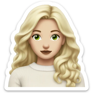 solo white blonde girl with green eyes, medium bust, white sweater, long blow out hair, baddie, middle part, cute,  sticker