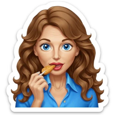 Extra Long wavy hair, brown hair, blue eyes Caucasian, age 50, sexy clothes, boobies, licking sticker
