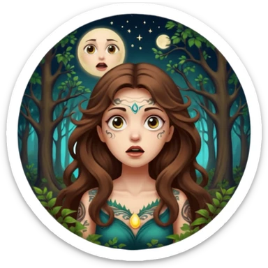 shocked forest mystic woman long wavy brown hair tattoos wide eyes moon glow sticker