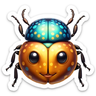 Cinematic Cute Beetle Portrait Emoji, Head tilted playfully and inquisitively, featuring a diminutive, charming body with a glossy, intricately patterned shell and round, sparkling eyes full of endearing wonder, Simplified yet irresistibly adorable features, highly detailed, glowing with a warm, inviting metallic glow, high shine, affectionate and lively, stylized with a touch of whimsical insect elegance, soft glowing outline, capturing the essence of a mischievous beetle that seems as if it could scuttle out of the screen into your arms! sticker