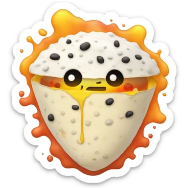 white tapioca tortilla folded in half, filled with multicolored goo in front of a nuclear blast sticker