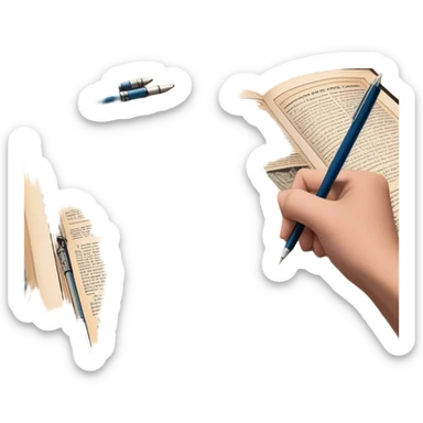 Create a detailed emoji representing the process of writing texts for comic books. The design should feature a large, open comic book with vintage comic strips visible on its pages. A pen should be shown writing text on one of the comic panels, but without a hand. The pencil should appear as though it is actively creating the dialogue or narration. Use a classic color palette with muted tones for the comic book and brighter accents on the pencil to draw attention to the writing process. Do not include any emojis or smiley faces. Make the background transparent. sticker