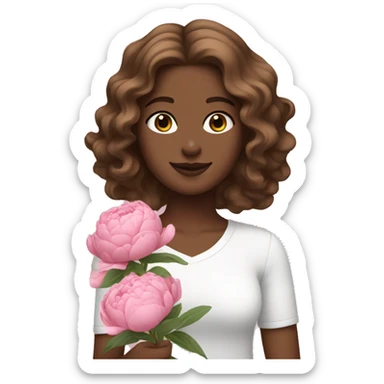 white girl with brown wavy hair holding pink peonies  sticker