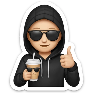 emoji di Gesù con felpa nera, sulla felpa in bianco scrivi "SKUIRTER" con occhiali da sole un pollice in su e in una mano un bicchiere di carta
 sticker