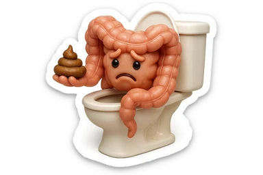 emoji stile iphone di un intestino realistico 3d che esce dal wc con in mano una montagnetta di feci con espressione triste a palline, iperrealistico 4k sticker