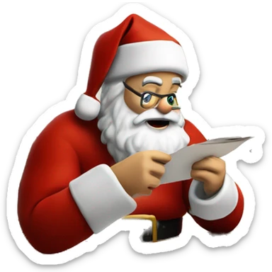 European Santa Claus is sitting on a desk, writing something down on a sheet of paper, solving complicated math puzzles sticker