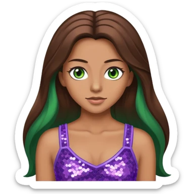 Teresa from Barbie & Friends with green eyes, long brown hair, lilac sequin crop top sticker