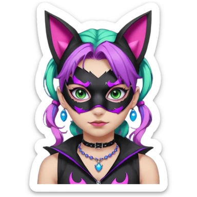 Girl with green eyes, wearing a bat mask with pink stones around her eyes, her hair tied in a ponytail, the hair is purple with blue and pink streaks, with black cat ears with pink stones around, wearing a black shirt that covers the neck, and a sleeveless blue jacket, and a necklace of pink stones sticker