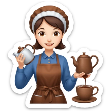 A cheerful woman wearing a winter apron, pouring cocoa from a kettle into tiny cups.
 sticker