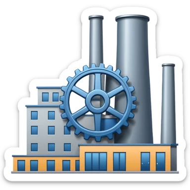"A minimalist vector icon of a modern manufacturing factory building with a gear symbol above it. Blue and grey color scheme, flat design, white background, simple thick lines, professional business logo style." sticker