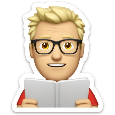 Nerdy middle aged white man with short blond spiky hair looking confused and wearing glasses and a red tee shirt holding a tablet sticker