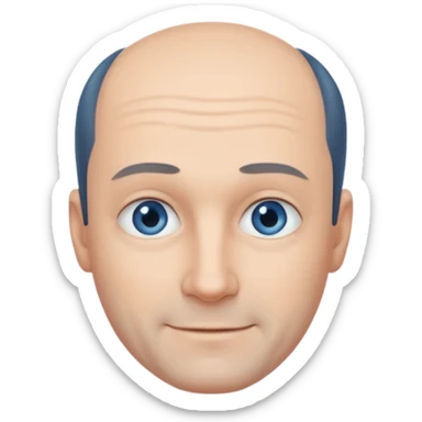 Middle aged man with black-greyish receding hairline, small blue eyes, clear face, shy smile sticker