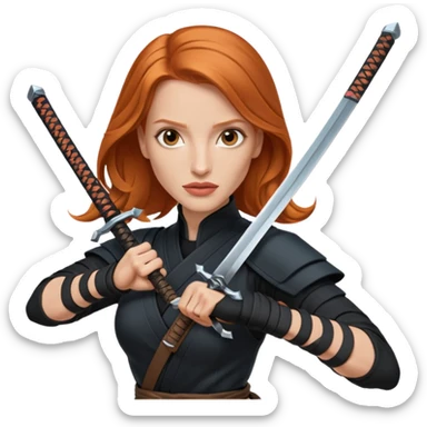 Jessica Chastain, in a ninja position with big swords sticker