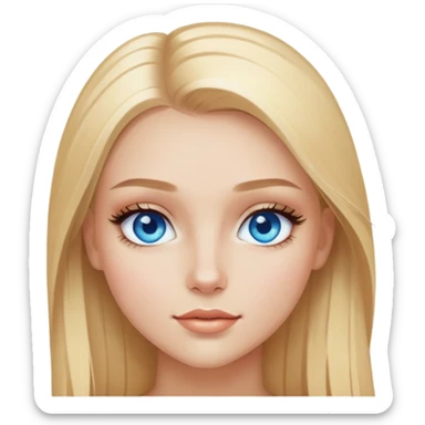 Blonde straight hair, blue eyes, long lashes, glowy makeup and a girl  sticker