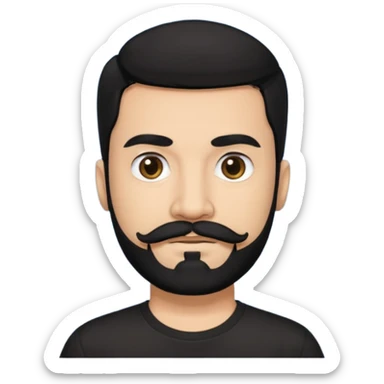 Man, hispanic skin, black hair, black beard, black mustache black eyes black t shirt sticker