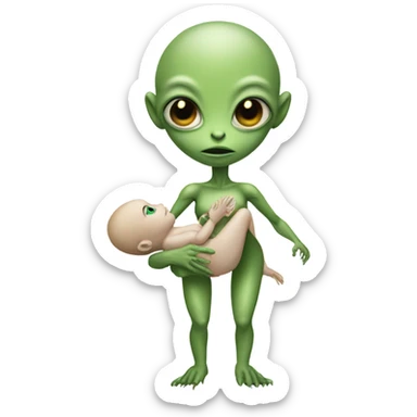  Reptilian alien woman , full body,  holds a newborn white "humman no alien baby" sticker