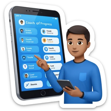 Create an image of an AI coach helping people set goals based on their hobbies. Show a person chatting with the AI, where the screen displays a list of steps and goals. Add elements of progress and personalization. Use a color palette that is associated with technology and innovation. sticker
