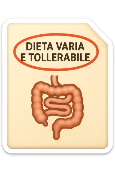 emoji stile iphone di un foglio con un INTESTINO disegnatO sopra e la scritta "DIETA VARIA E TOLLERABILE" CERCHIATA IN ROSSO, iperrealistico 4k, isolato su sfondo bianco sticker