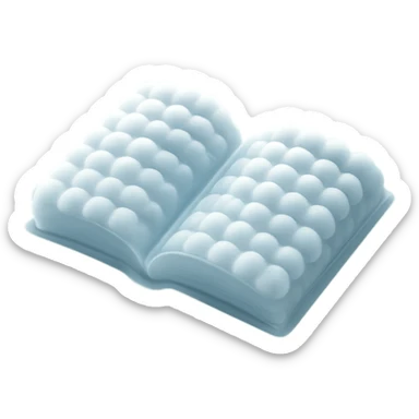 top view of a thick open book made entirely of small, very bright white fluffy convex clouds, matte glass style sticker
