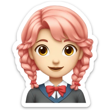 Girl short coral pink hair, blue eyes, red bow, Grayish brown school uniform, collar, red bow on the collar, happy, red bow sticker
