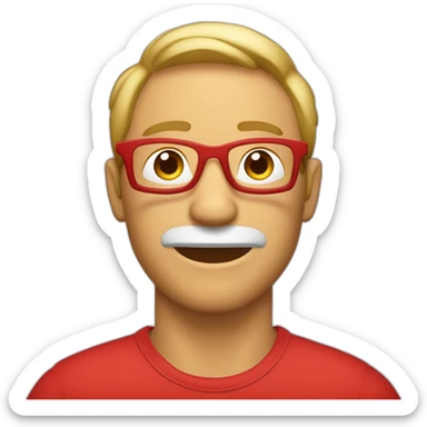 Hombre gordo ligeramente canoso con gafas sin montura y un polo rojo sticker