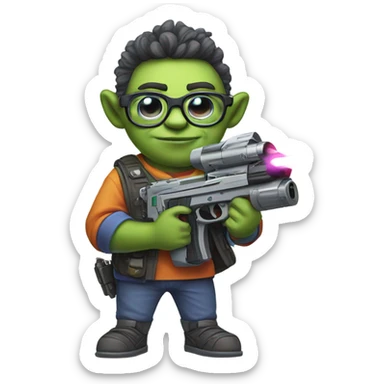 Nerdy short gay troll holding a laser sticker