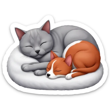 gray British Shorthair cat curled up and sleeping next to a red Basenji dog sticker