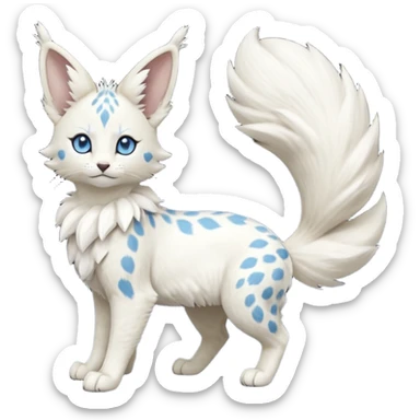 Albino-white, blue-eyed soft natural realistic romantic vintage antique divine beautiful elegant pretty precious cute young youthful  Fakémon-Pokémon-feline-Zeraora-Jolteon-serval-caracal-chinchilla-Minccino-Cinccino-Meowstic-rodent-hybrid-creature with a big fluffy bushy tail (full body) sticker