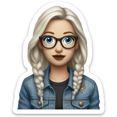 Create a Hyper Realistic pale beautiful tattooed 3D woman with glasses and blue eyes wearing denim jacket sticker