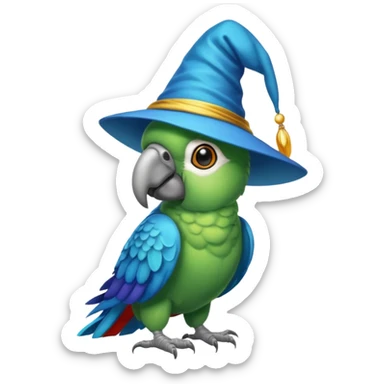 A cyan parrot with a wizard's hat sticker