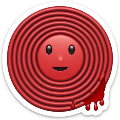 Minimalist emoji-style sticker of a coiled red carpet with drops of blood on the floor around it. Flat design, black and desaturated red tones, no perspective, bold lines. sticker