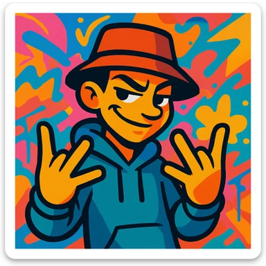 sly cartoon figure throwing up the YVL hand sign on both hands, graffiti-inspired, confident pose, colorful background sticker