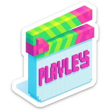 voxel style movie clapperboard with the text 'PLAVLEYS', neon green lid, white body, isometric view sticker