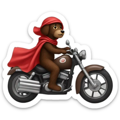 A chocolate brown doodle wearing a red and black handkerchief riding a motorcycle sticker