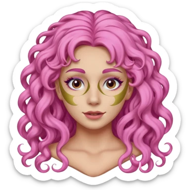 pink haired very long curly haired woman with full full face clay mask sticker