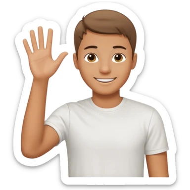 joven bronceado corte de pelo muy cortito polera blanca sonrisa bonita saludando mano arriba sticker