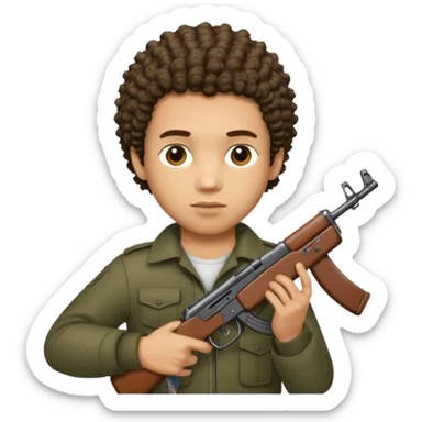 AK47 in hand, light skin male with shortest curly hair  some cuts on the face  sticker