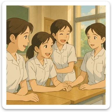 Scène Ghibli de quatre étudiants infirmiers en interaction, en intérieur, tenues blanches à manches courtes, tuniques médicales col en V, poche poitrine à gauche, sans pied de col ni stéthoscopes, avant-bras nus, cheveux longs attachés. Décor lumineux, ambiance collaborative. sticker